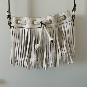 White Rebecca Minkoff leather mini bucket bag w/fringe